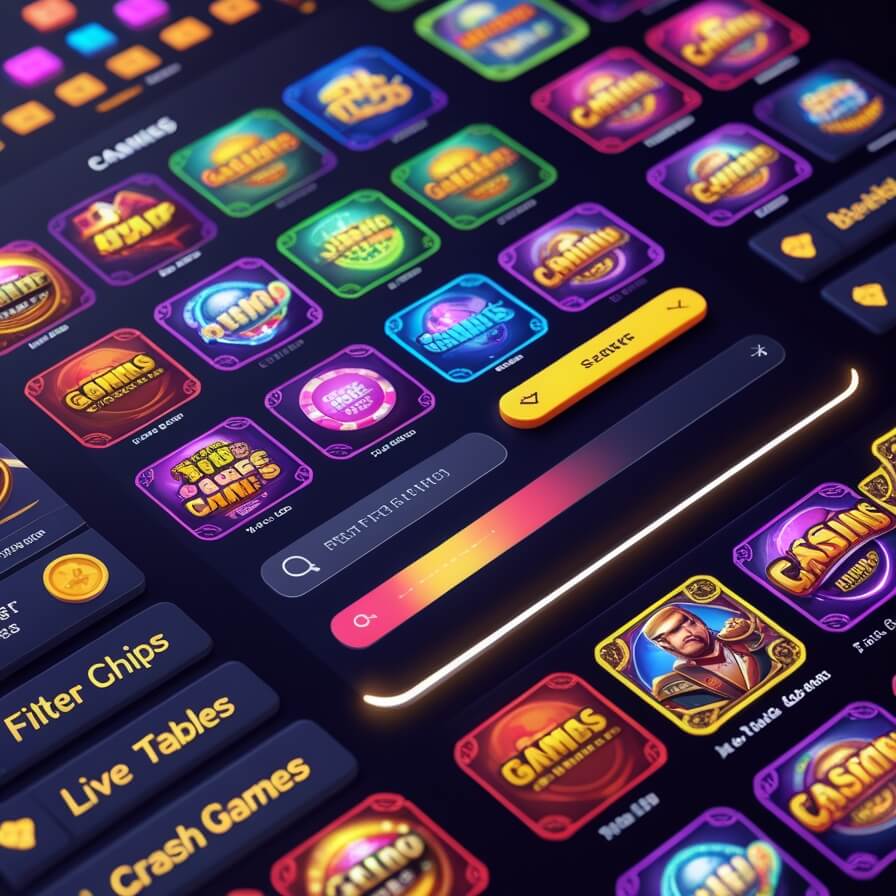 wyns casino games grid with slots live rooms tables and crash tiles